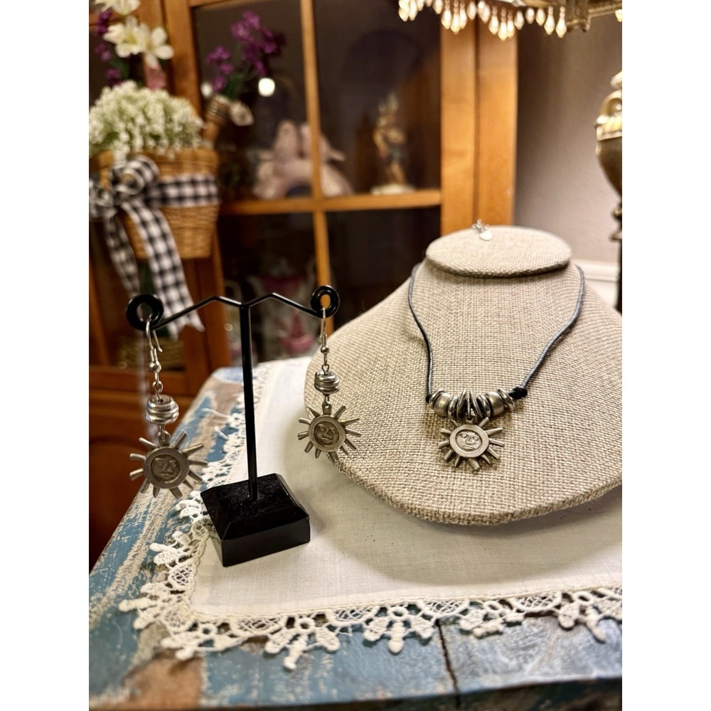 VTG The Limited Silver Sun Face Necklace & Earrings Set Leather Braided Cord